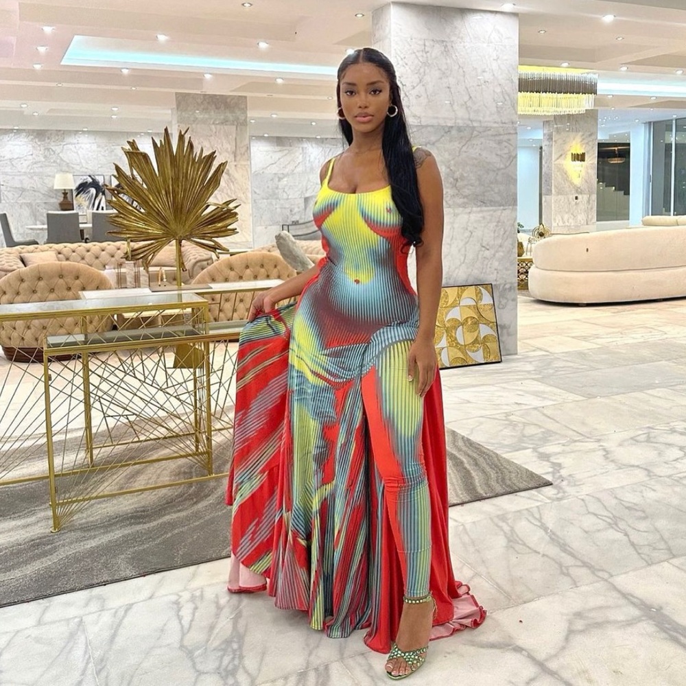 Sleeveless Maxi Dress in Red, Yellow & Blue - Elegant Evening Gown